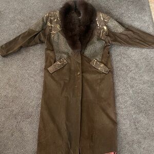 Vintage VTG Genuine Leather Fox Fur Trimmed Trench Coat Karin Morgan